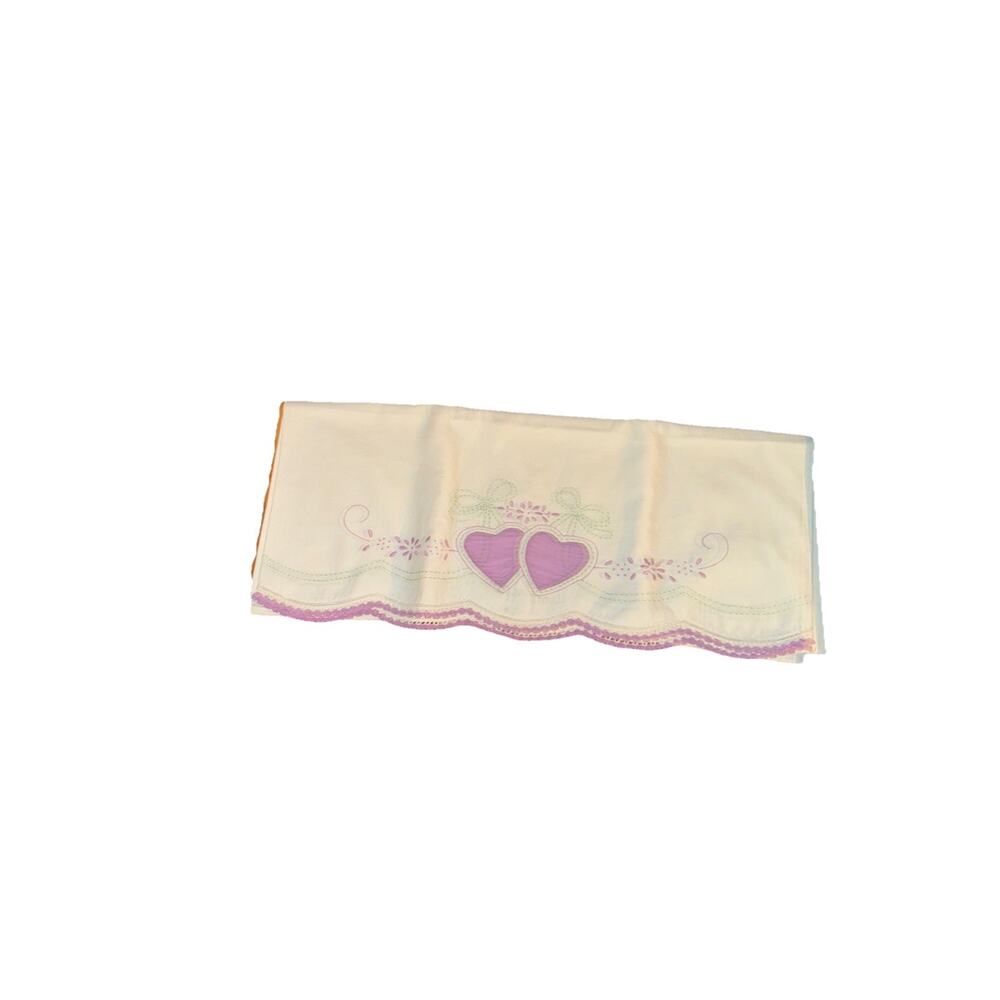 Vintage Heart Appliqué Embroidered Standard Pillowcase Crocheted Edge Purple Wh